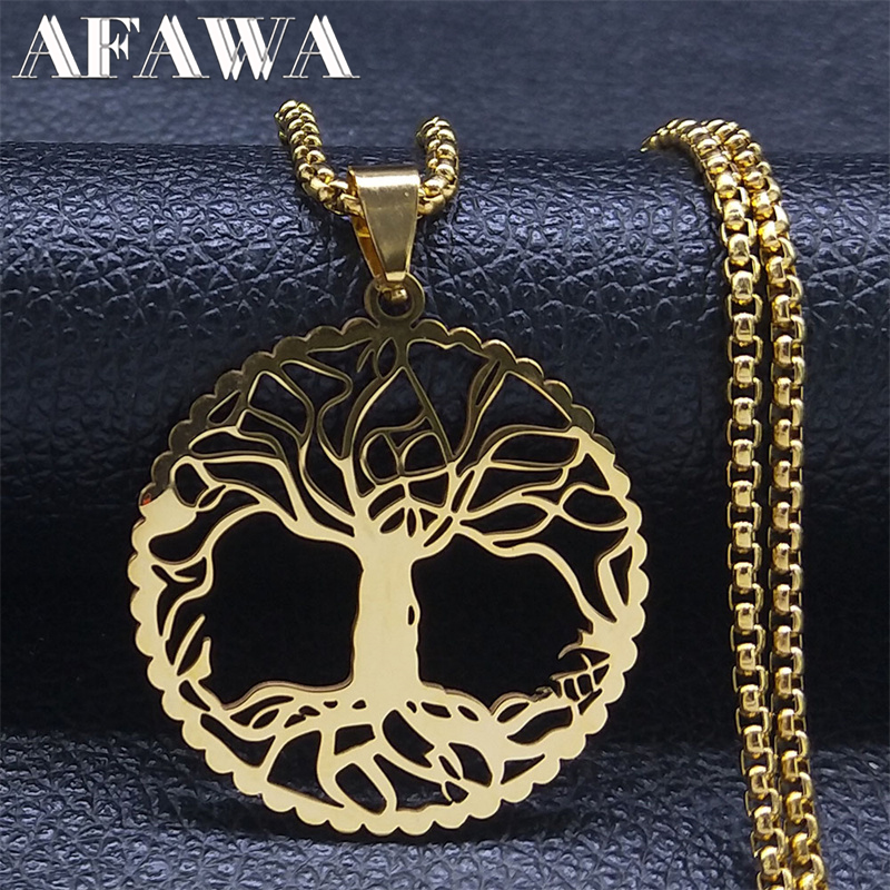 Levensboom Halsketting Voor Dames Heren Roestvrij Staal Goudkleurige Hanger Kettingen Amulet Sieraden Cadeau N3397GDS01