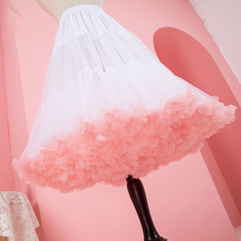 60cm kobiety Lolita cukierki chmura tiul halka kontrast kolor różowy falbany podpuchnięte midi długa spódniczka tutu Hoopless elastyczna Wa