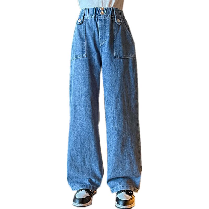 Pantalones vaqueros de pierna ancha para niñas, Jeans rectos con botones, holgados, informales, a la , para adolescentes, primavera 2022