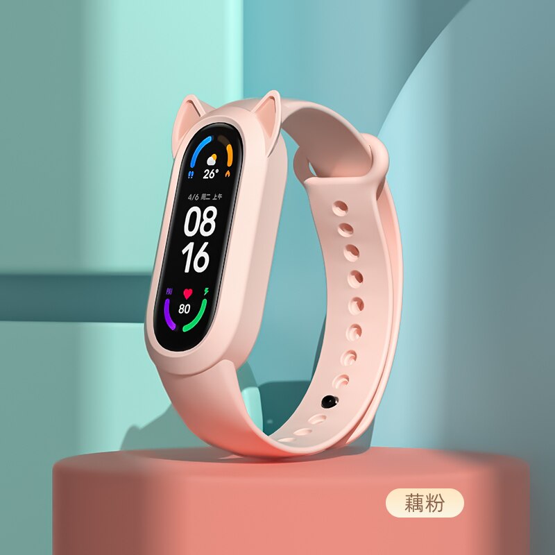 For Xiaomi Mi Band 6 5 4 3 Cat Earmuffs Case Silicone for miband 5 4 Wristband For Amazfit Band 5 Strap Cute style Replacement: Pink / For Amazfit Band 5
