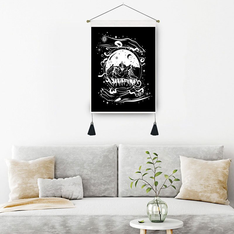 Tapiz de fase manual de lona negra, decoración del hogar, macramé, dormitorio, arte, mariposa, colgante de pared, tapices de borlas, fondo artístico de tela