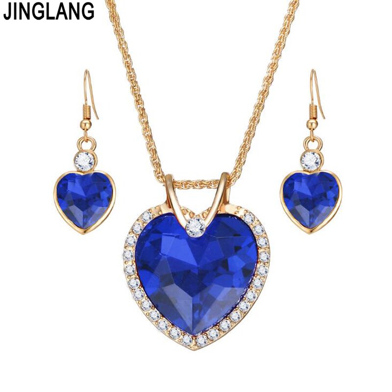 Jinglang Mode Vrouwen Ketting Oorbellen Sieraden Sets Rhinestone Crystal Hart Hangers Sieraden Sets Voor Vrouwen Valentijnsdag