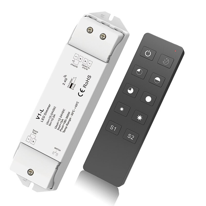 Led Strip Dimmer 2.4G RF Wireless Remote Dimming 12V 24V Input 15A Output For 5050 3528 Single Color String Ribbon Use: V1-L and R1