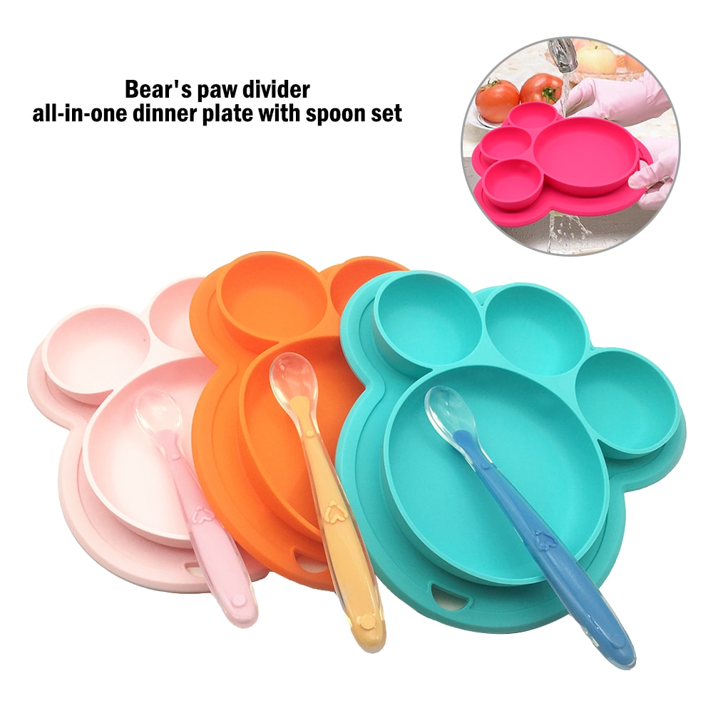 Plato de silicona para bebé, platos de alimentación sin BPA, vajilla de entrenamiento con ventosa para bebés, bonitos platos coloridos de oso de dibujos animados para niños