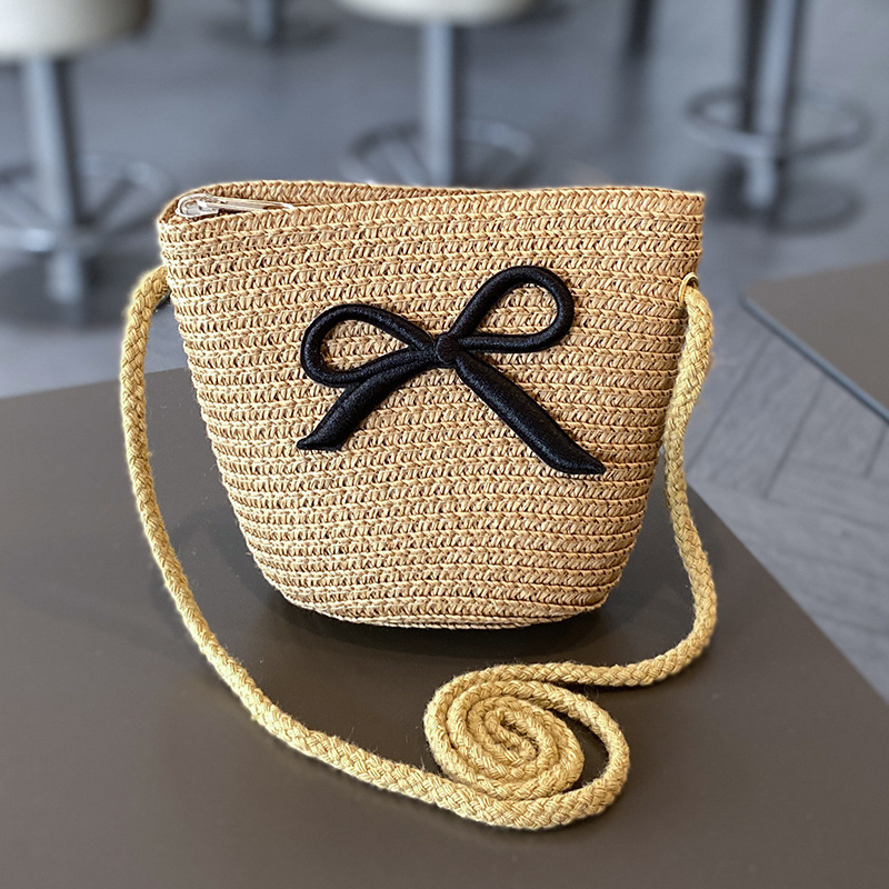 Chapéu de palha e bolsa de ombro verão para meninas, chapéu de sol superior vazio infantil, aba grande, bowknot, viseira de praia ao ar livre, boné de sol para bebê: Marrom