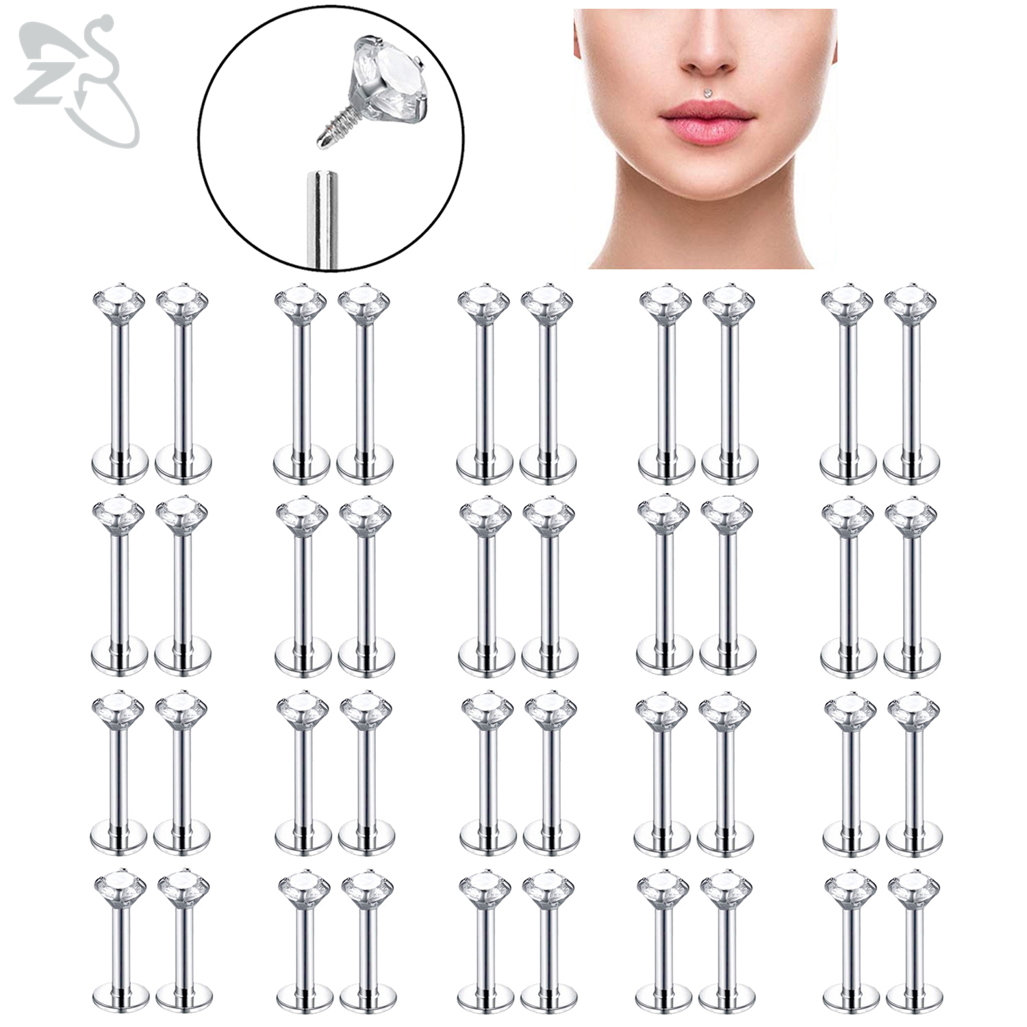 ZS 10 unids/lote 16G Acero inoxidable Labret labio Piercing hombres CZ cristal cartílago Tragus hélice Concha Piercings joyería 6/8/10/12MM