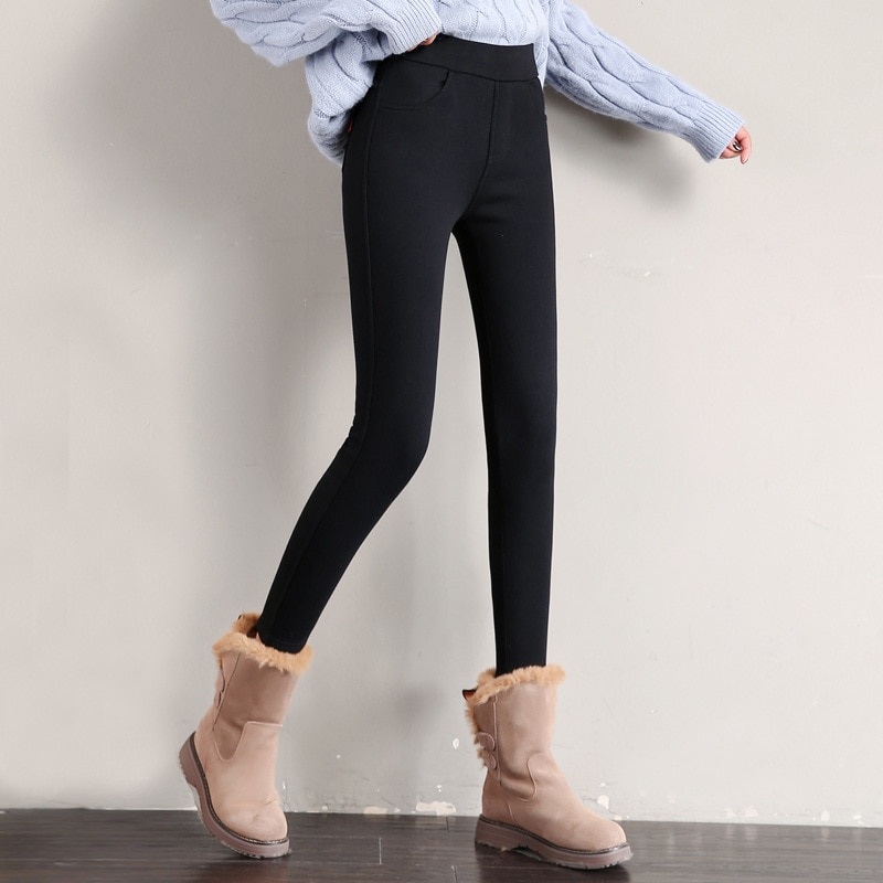 Vinter varme leggings kvinders fløjl tykke slanke bukser dame casual solid elastisk stretch skinny pencil pant hvid sort