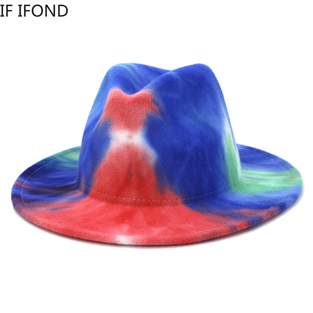 Unisex Tie Dye Wolvilt Fedora Hoeden Mode Lente Brede Rand Panama Jazz Hoed Trilby Cap