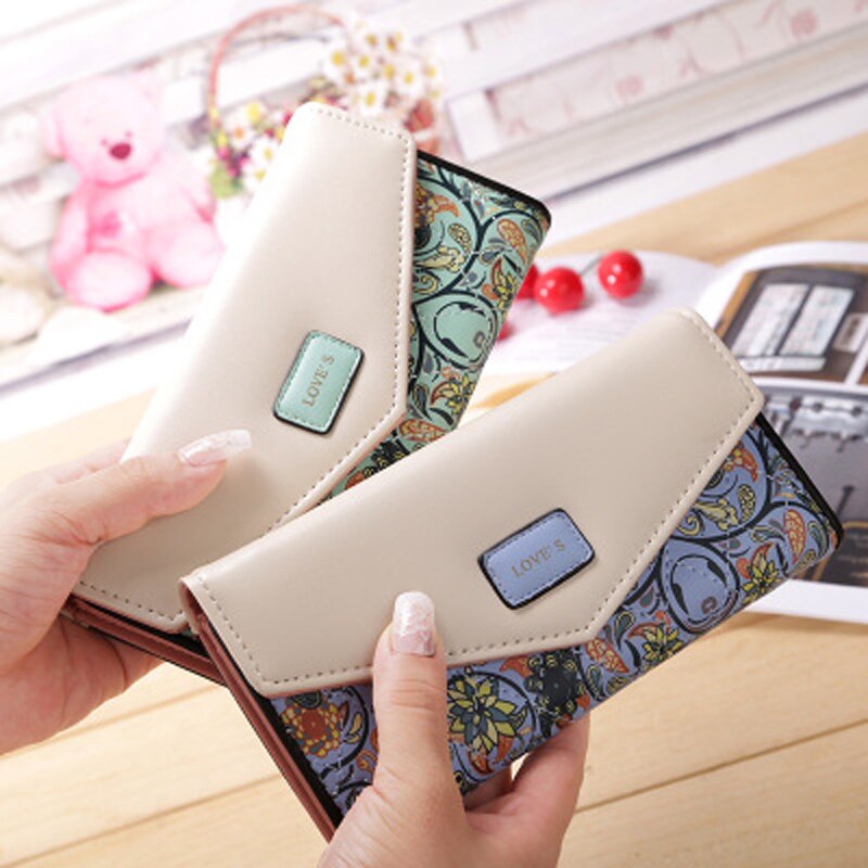 Konvolut kvinder pung hit farve 3 fold blomster print pu læder pung lang dame clutch mønt telefon pung