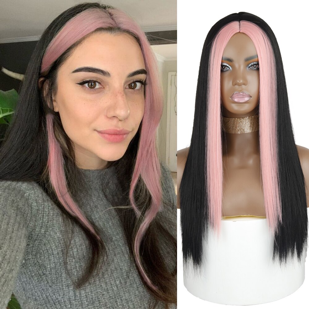 Azqueen zwarte roze lange rechte pruik voor meisjes, roze haar aan beide kanten, middenscheiding, hittebestendige rechte cosplaypruik voor vrouwen: 2052-1b-97c