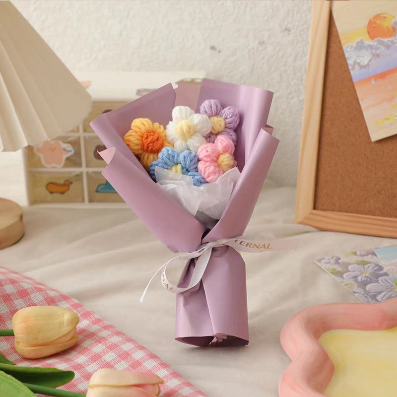 Mini buquê de flores de tricô feito à mão, buquê de flores de crochê com acabamento, caixa de presente para festa de casamento, acompanha buquê pequeno
