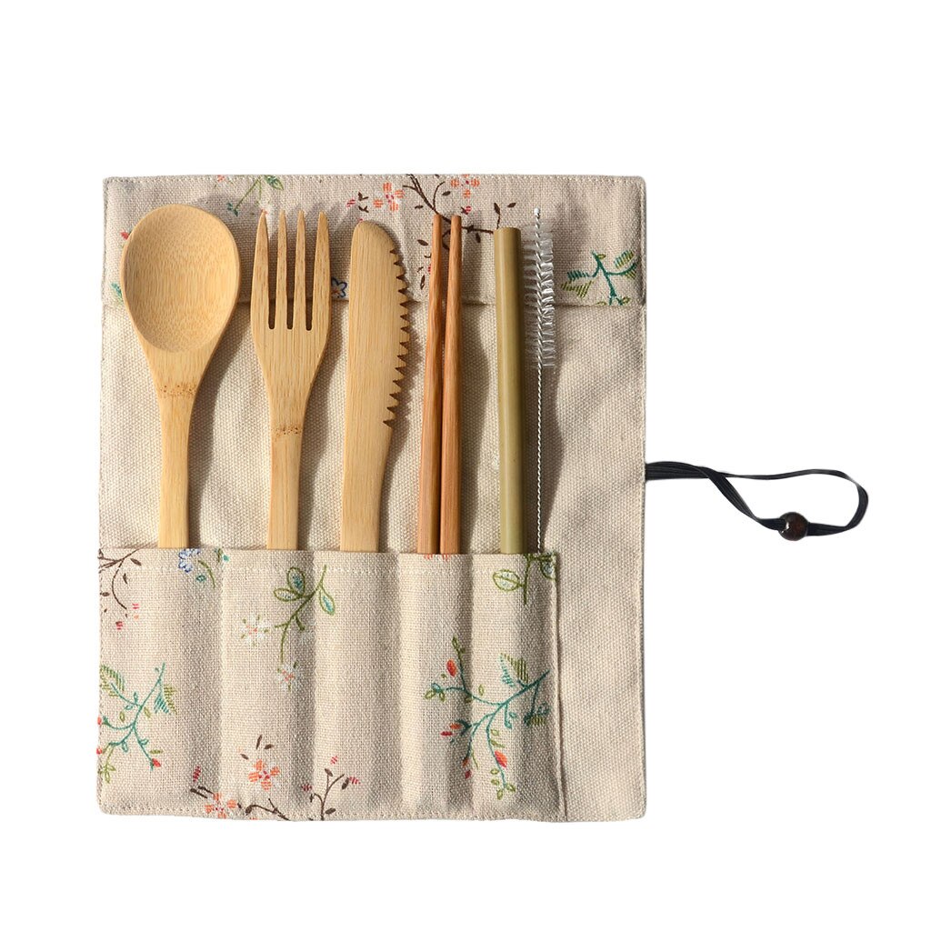 Herbruikbare Elegante Vintage Houten Bamboe Servies Bestek Zak Servies Lepel Vork Eetstokjes 7 Delige Set Draagbare Bestek Set: F