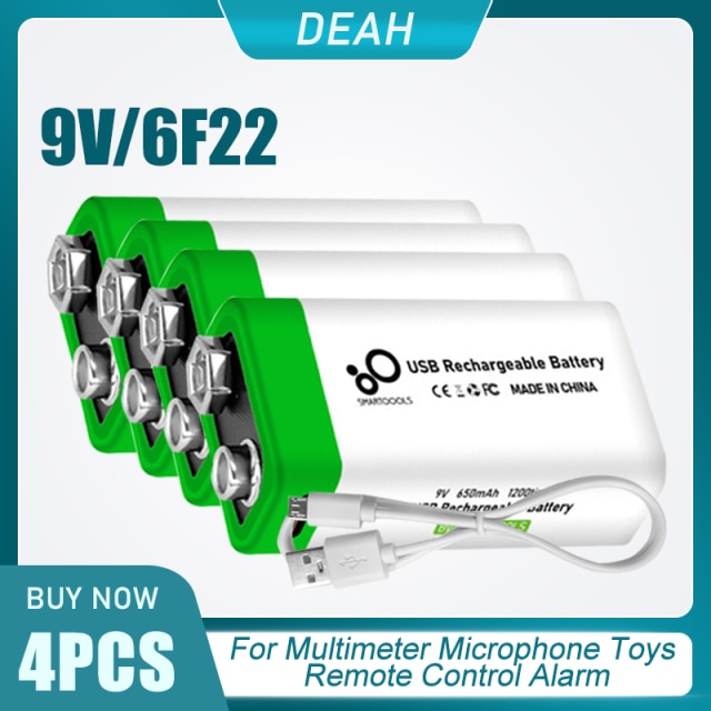 9V 650mAh 6F22 USB Rechargeable Lithium Battery For Wireless Microphone Alarm Guitar RC Helicopter KTV Use With Charging Cable: 4PCS