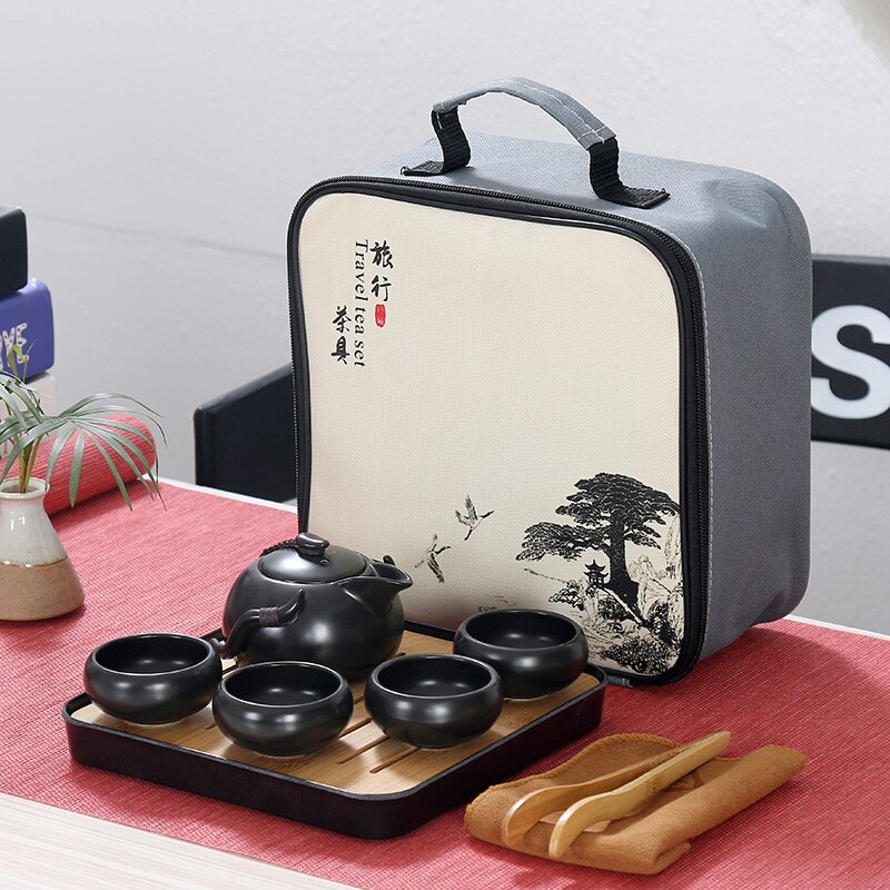Portable Chinese Travel Kung Fu Tea Set Ceramic Teapot Porcelain Teaset Gaiwan Tea Cups of Tea Ceremony Tea Pot With Travel Bag: C-Black