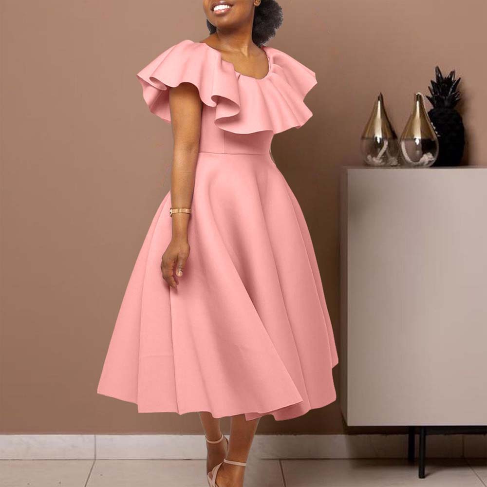 Robes de soirée élégantes pour femmes, col rond, manches à volants, taille haute, ligne A plissée, mi-mollet, robe de luxe pour dîner d'anniversaire