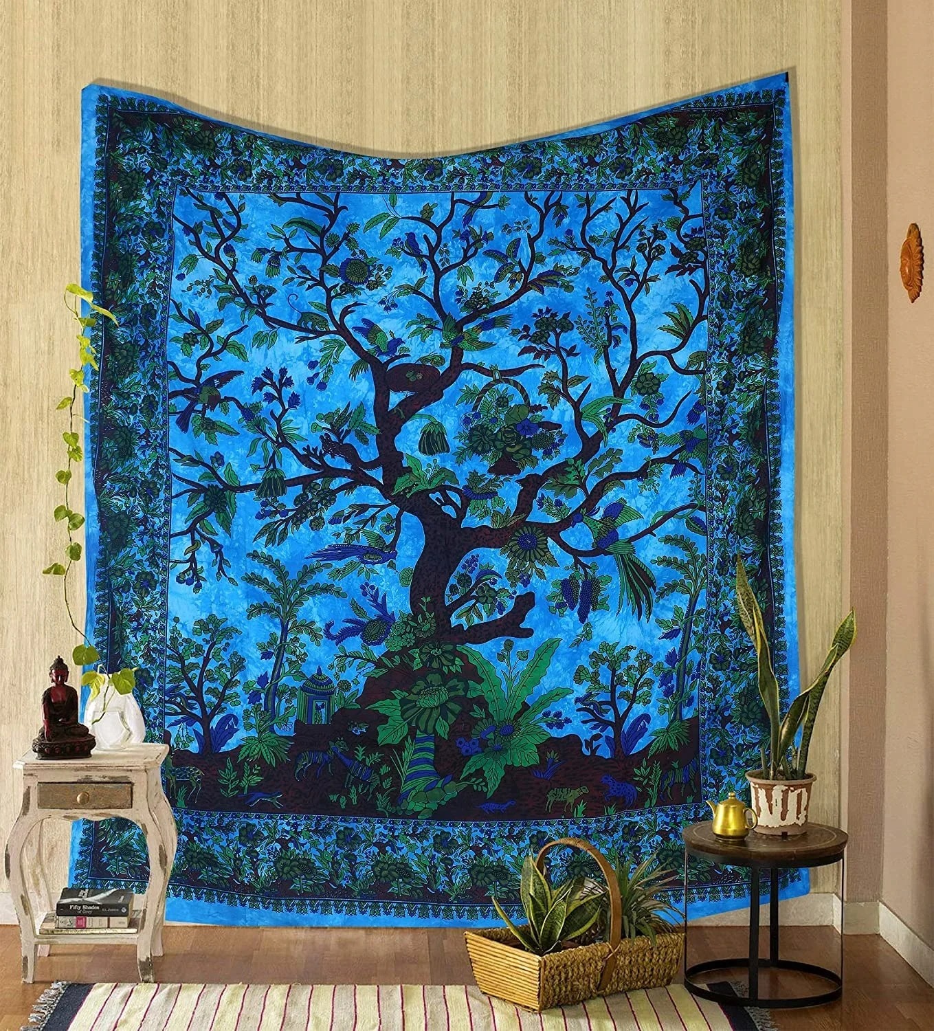 Tapiz verde árbol de la vida para colgar en la pared, tapiz psicodélico, tela de cama doble de algodón indio, tela de Picnic para pared: 140 x 200 cm / Cristal