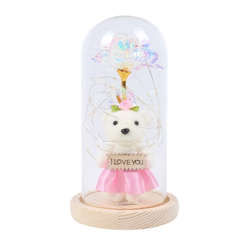 Gold Foil Rose Flower Bear in Glass Dome with LED Night Light Mothers Day Valentine's Day Wedding Party Decoration: 8