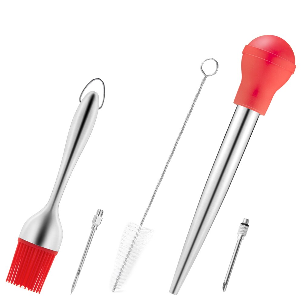 Roestvrijstalen Keuken Borstel Bbq Vlees Injector Set Turkije Kruiden Outdoor Siliconen Tool Baster Gevogelte Thuis Bedruipen