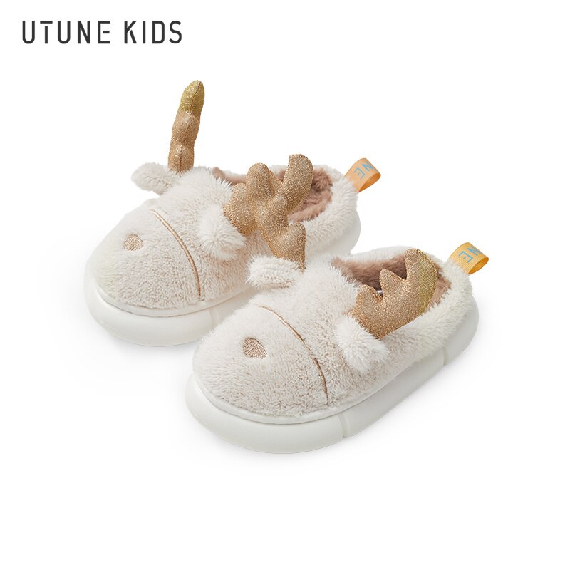 UTUNE KIDS - Zapatillas de Navidad de alce para niños, zapatos esponjosos de dibujos animados para niños mayores de 2/3/4/5, Casa con plataforma cálida: White / 190mm(fit 175-185mm)