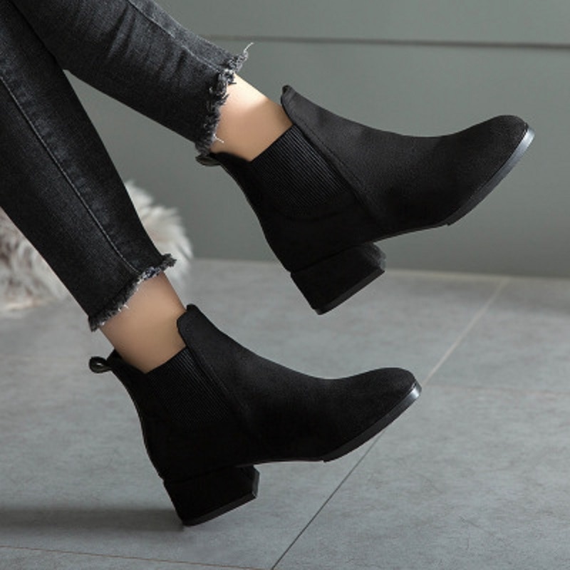 Botas de inverno de outono botas de tornozelo preto para mulher salto grosso deslizamento em sapatos de senhoras botas bota feminina 35-43
