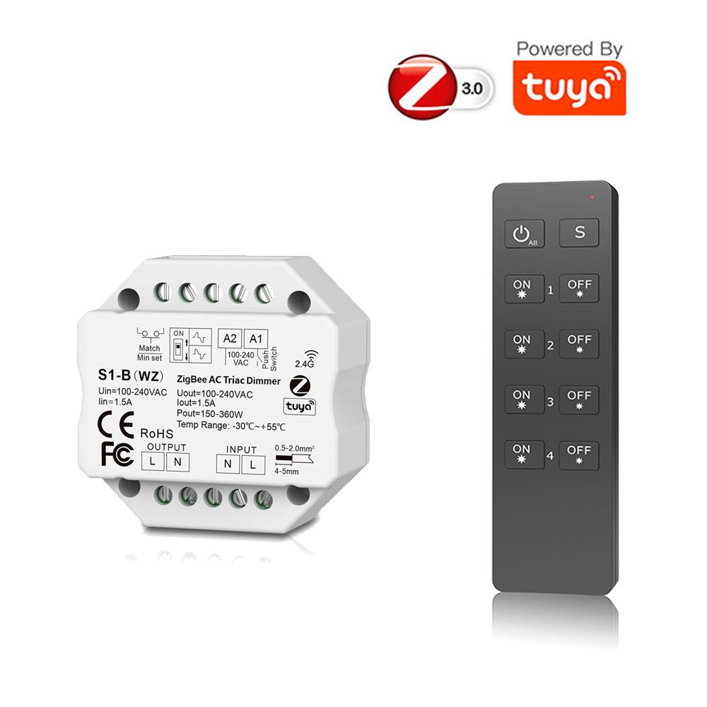 Tuya Zigbee AC Triac Dimmer 110V 220V 230V LED Dimmer Controller Push Switch DIY Module Wireless Remote Echo Plus Voice Control: 1x S1B(WZ) and RU4