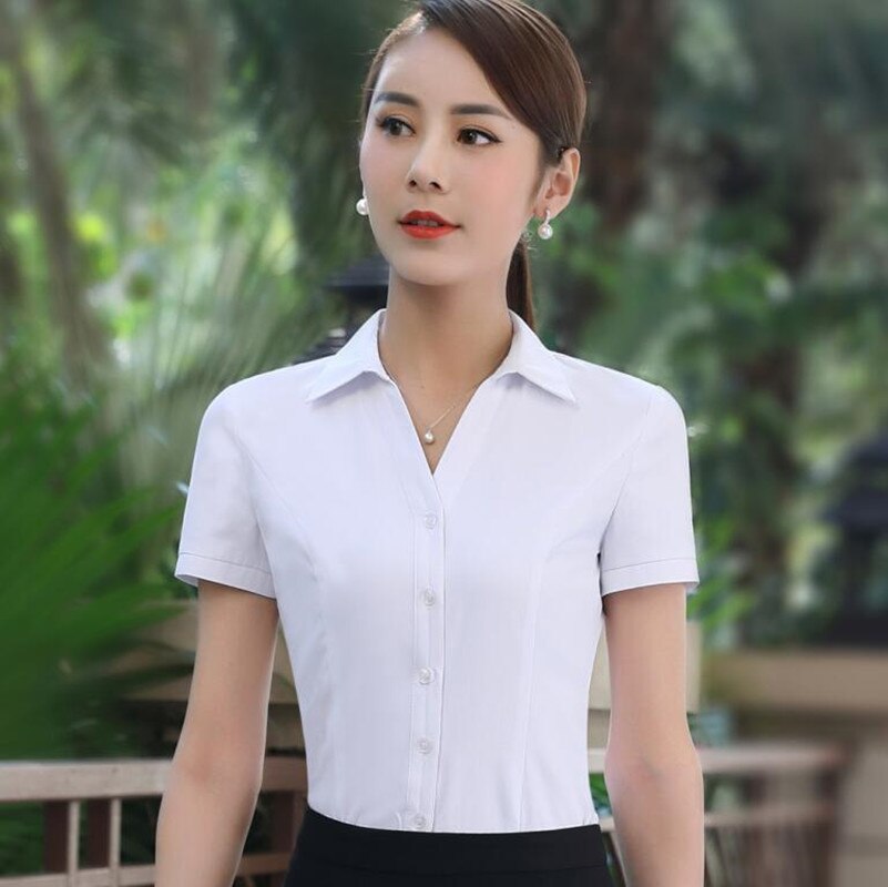 Naviu business twill skjorte ol formell sommer kortermet chiffon bluse kontor dame arbeidsklær pluss størrelse topper: Hvit / Xxl