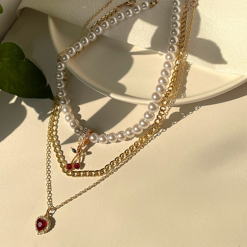 Ywzixln Boho Bling Strass Hart Hanger Mode Kettingen Wit Imitatie Parel Ketting Choker Voor Meisjes Hiphop Sieraden N0293