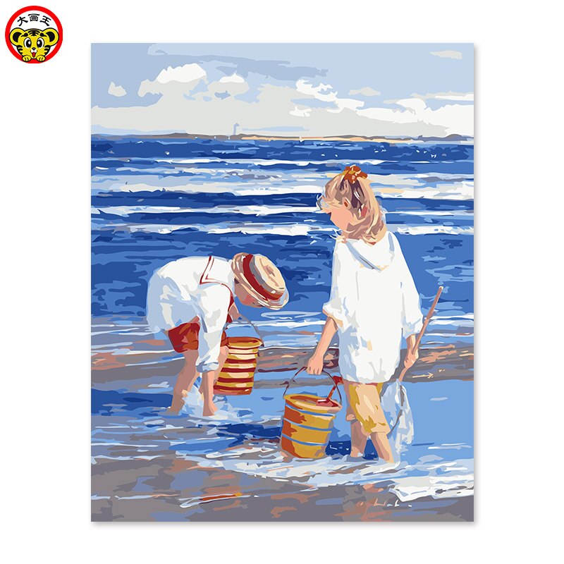 painting by numbers art paint by number propene pigment blue seaside children playing on the beach: 50x60cm No frame