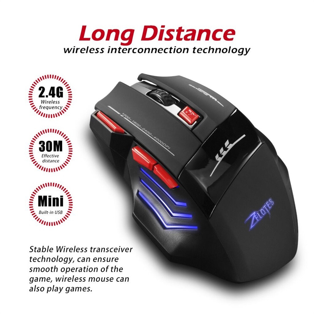 Zelotes 2.4G di Ricarica Gaming Mouse USB Ricevitore 30 Metri Senza Fili di Collegamento 250Hz / 500Hz Finestre 2000 / ME Mac OS