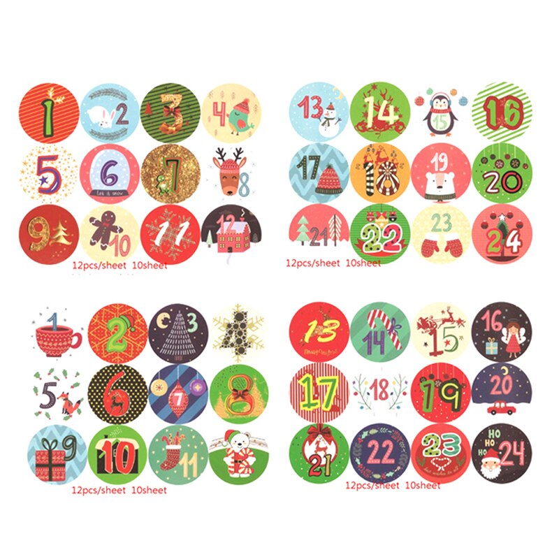 10 vellen kerstetiketten adventskalender, nummerpapierstickers, ornamenten, koekje, snoep, doe-het-zelf kerststickers, zelfklevende verpakkingsstickers