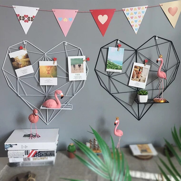 Corazón de Metal de amor rejilla de malla Panel Decoración habitación DIY Pared de fotos arte hierro Display con 10 Clips y 4 ganchos Multi organizador de fotos