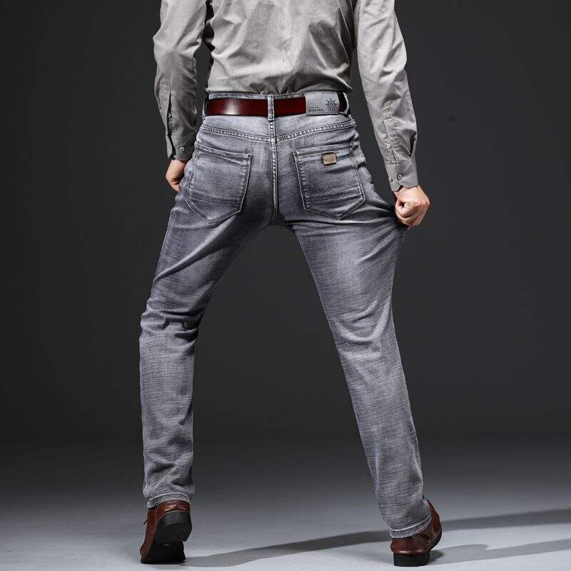Merke vår sommer klassisk stil herre grå jeans virksomhet myk tøye ut denim grå bukser herre merke passe bukser