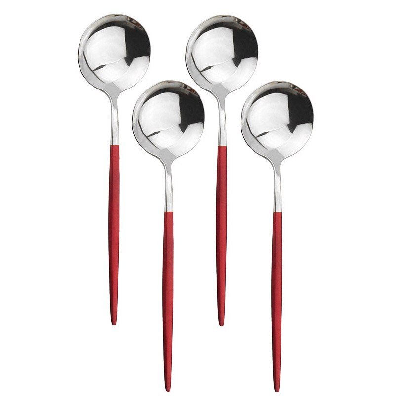 4Pcs Rosa Gold Geschirr Besteck Dessert Löffel Set Lange Griff Spiegel Löffel Besteck Küche Zubehör 304 Edelstahl: Red Silver