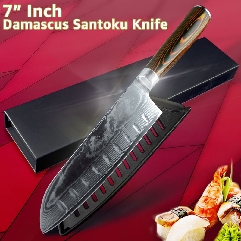 Køkkenkniv 5 6.5 7 8 tommer japanske kokknive pro  vg10 67 lag ægte damaskus stålværktøj santoku vegetabilsk kødkløver: 7 tommer santoku kniv