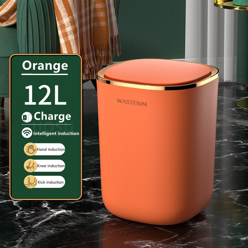 Smart Induction Trash Can Automatic Intelligent Sensor Dustbin Electric Touch Trash Bin for Kitchen Bathroom Bedroom Garbage: Charge Orange