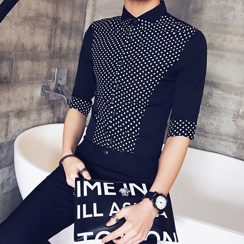 Skjorte herre prikkete kortermede fritidsskjorter menn svart hvit bluse kjole smoking streetwear slim fit skjorte: Svart / Xxl