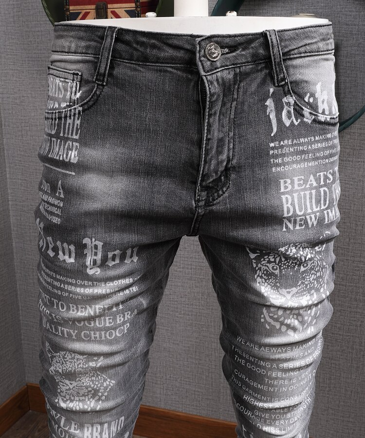 Herfst zwart grijze jeans heren slim-fit stretch strakke skinny broek koreaanse stijl trendy merk gewassen bedrukte heren denim jeans