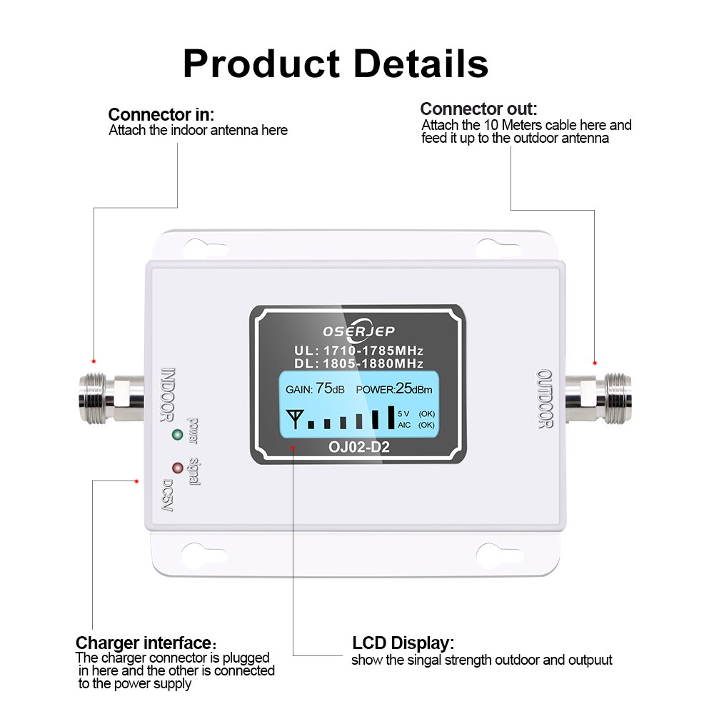 OSERJEP DCS 1800MHZ GSM 1800 2g 4g LTE amplificateur de Signal de téléphone portable amplificateur de Signal de téléphone portable + antenne intérieure extérieure