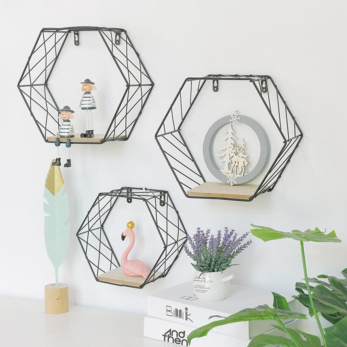 Nouvelle grille murale étagère flottante géométrie moderne hexagone métal étagères de rangement murales présentoirs