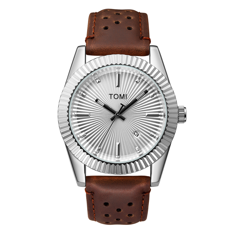 TOMI Reloj clásico de para hombre y mujer Reloj de cuarzo de cuero marrón con calendario de negocios de tendencia versátil: Plata