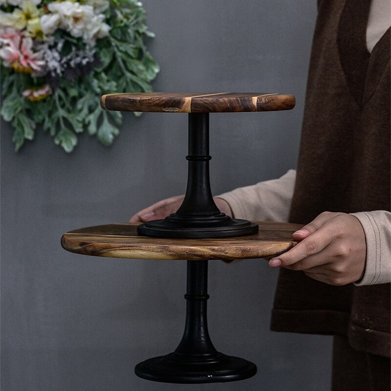 Taart Plaat Stand Houten Plaat Metalen Hoge Basis Cupcake Schotel Hout Lade