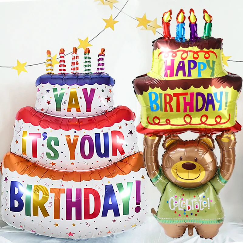 Grote verjaardagstaart ballonnen 3-laags kleur kaars cartoon beer taart aluminiumfolie ballon voor baby shower feestdecoratie