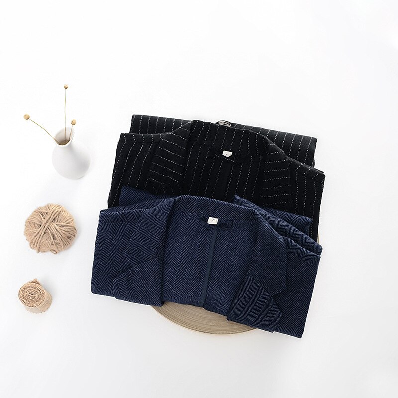 D001 Men Casual Linen Striped Suit Spring Autumn Daily Business Office Simple Tailored Collar Back Slit Multi-Pocket Clothes