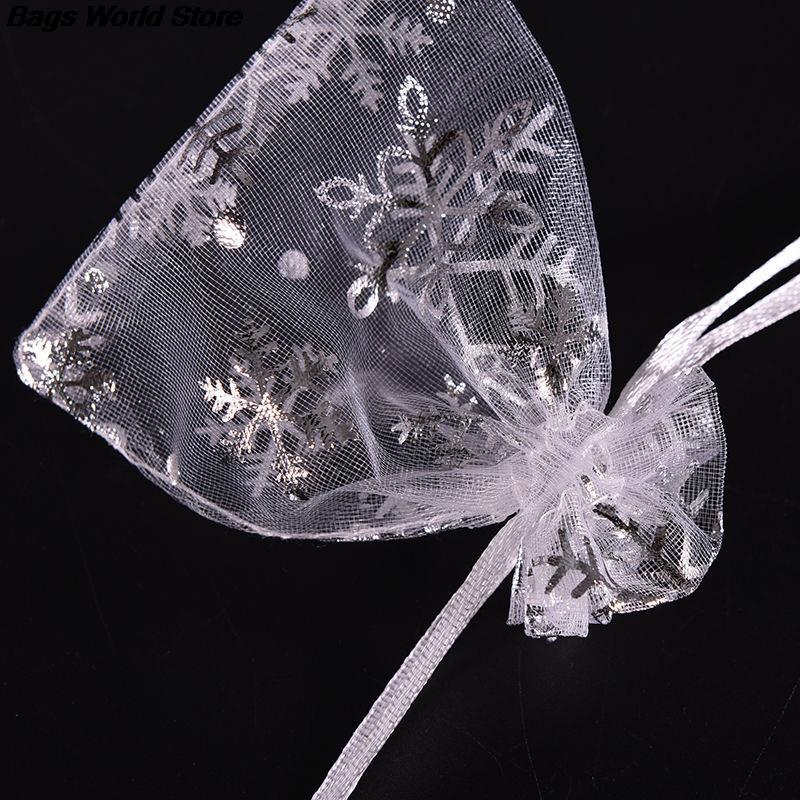 100 Stks/partij Verpakking Tassen Wit Met Zilveren Sneeuwvlok Christmas Pouches Organza Zakjes Gunst Van Candy Snoepjes Opslag