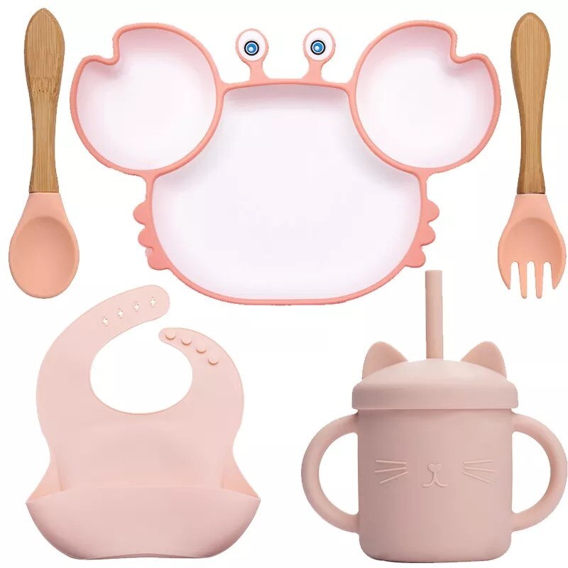 Silicone Feeding DishPlate Set for Baby Crab Shape Divider Tableware BPA Free Non-Slip Children Dishes Kitchenware Kids Stuff: Set 9