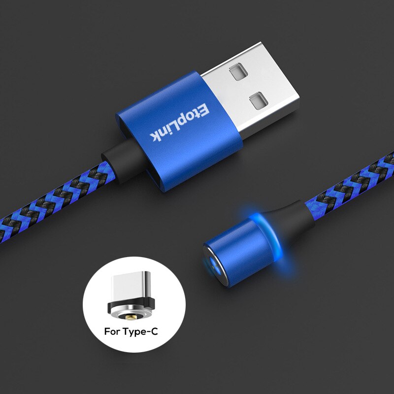 EtopLink Type C Micro USB Magnetic Charging USB Cable USB-C 360 degree Round Magnet Nylon Braided LED Charger Cables 1M Blue Red: Blue Type C