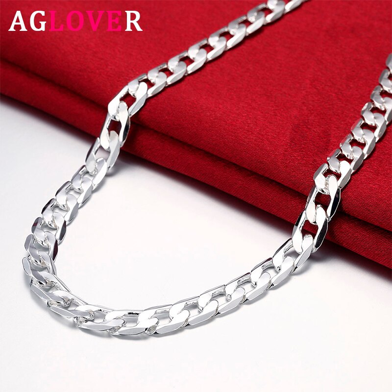 AGLOVER 925 Sterling Silver 16/18/20/22/24 Inch 8MM Side Chain Necklace For Woman Man Charm Jewelry