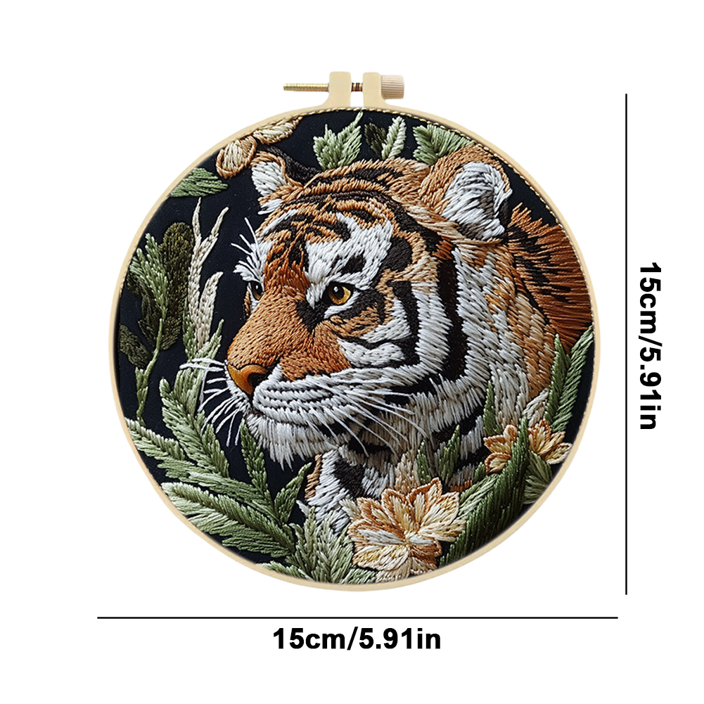 Tiger Stamped Cross Stitch Embroidery Kits with Hoop Cloth Color Thread