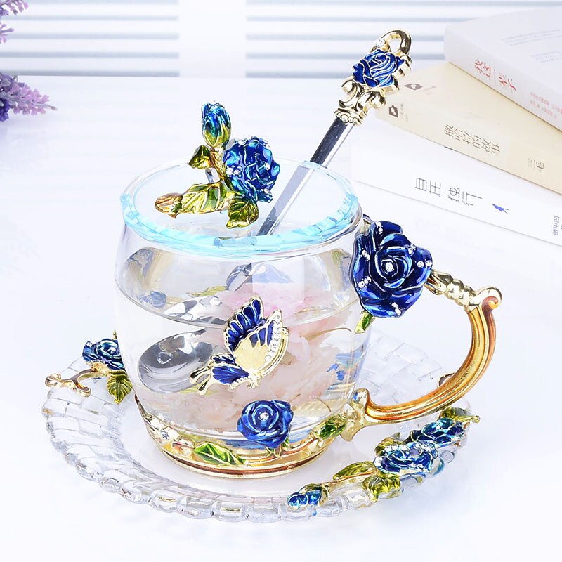 Blå rose emalje krystal te kop kaffe krus sommerfugl rose malet blomst vand kopper klart glas med ske sæt
