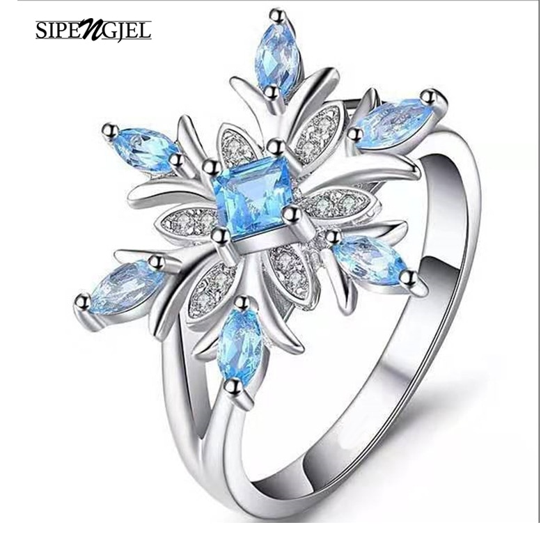 Cubic Zircon Silver Color Snowflake Christmas Ring Blue Cz Crystal Ring For Women Korean Christmas Jewelry